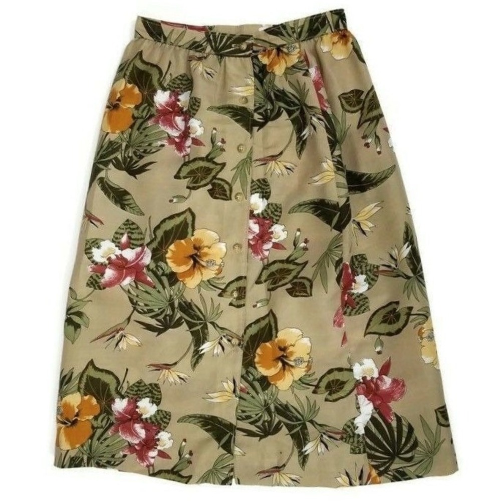 Vintage Collegian of California Tropical Floral Button‎ Front Midi Skirt Khaki